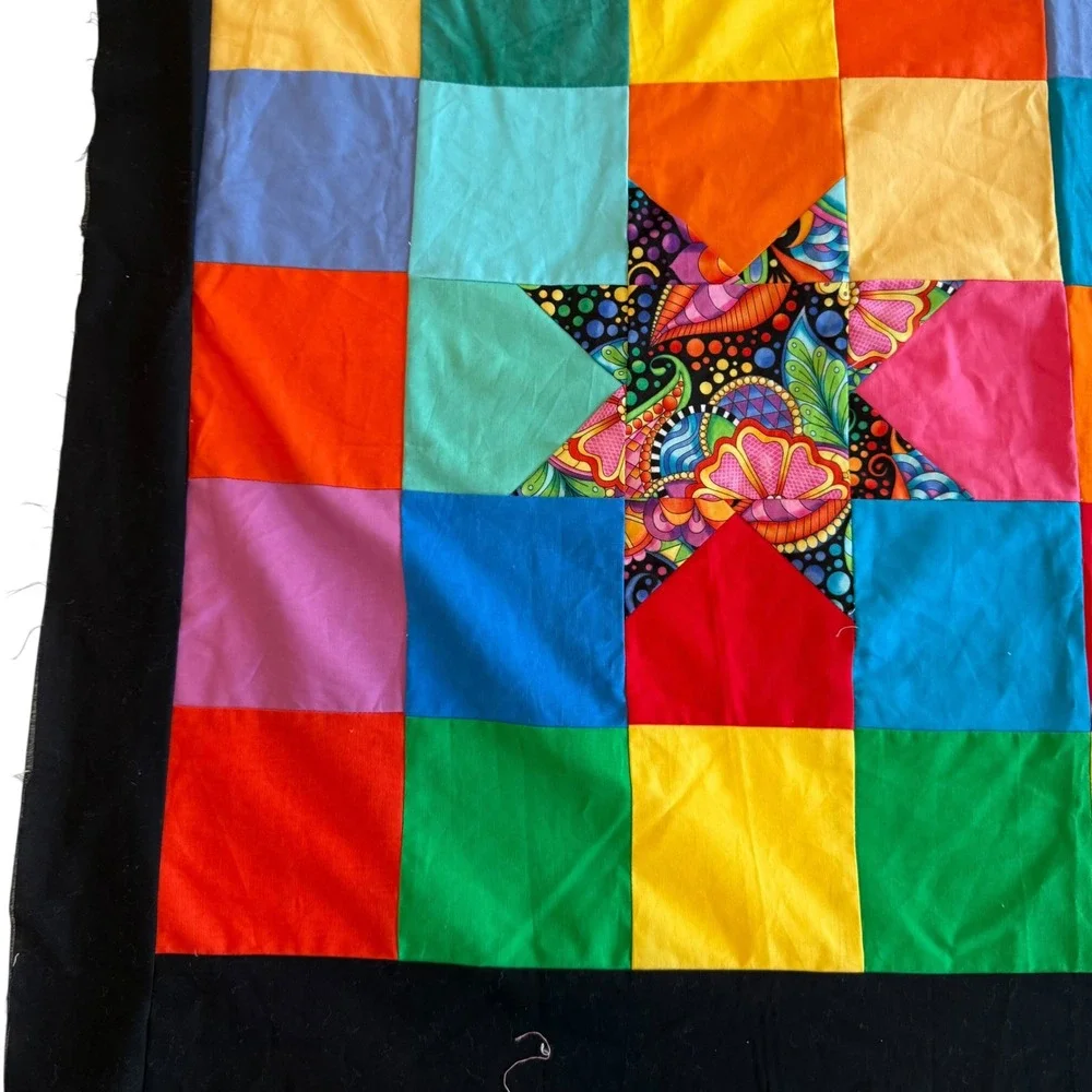 Handmade Rainbow Patchwork‎ Quilt Top Psychedelic Star Applique 41x50 Black Trim